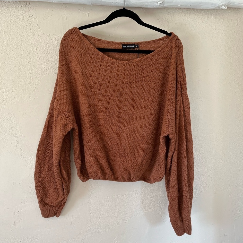 PrettyLittleThing | New Cinnamon Brown Cropped Boat Neck Sweater, Large